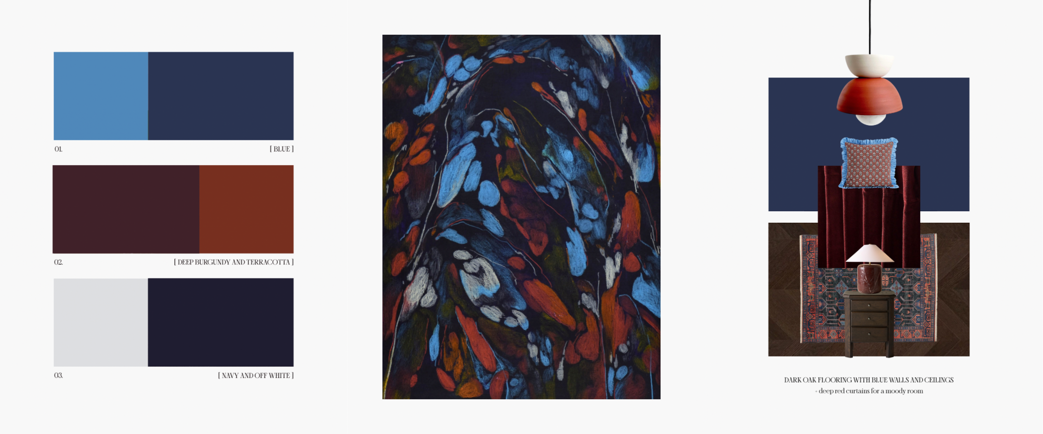 Moodboard inspired by Laurence Belzile’s painting, featuring a dramatic bedroom interior with deep blue walls, terracotta accents, pale blue tones, vintage furniture, velvet textures, and rich materials.