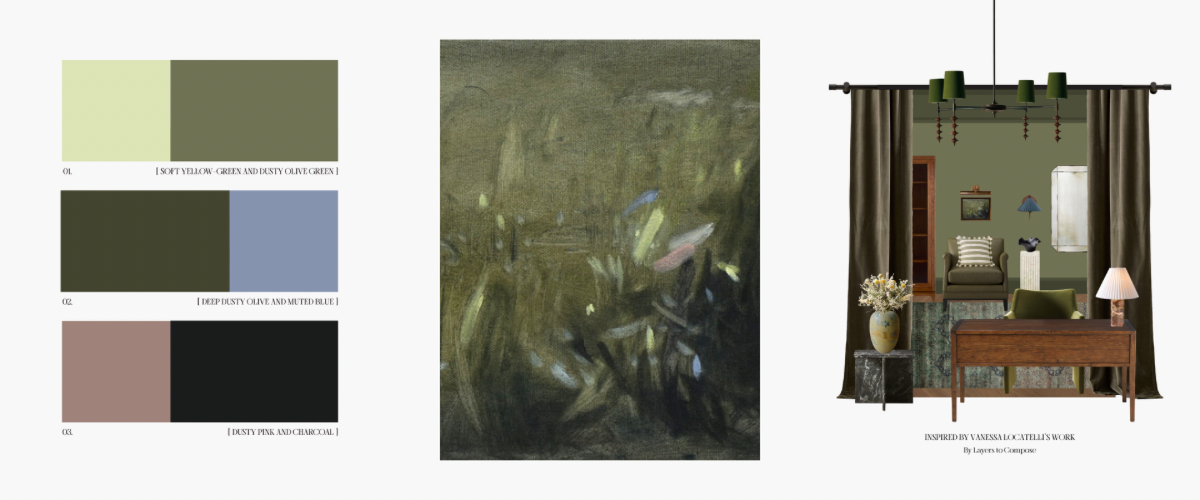 A soft, nature-led palette anchors this composition, moving from yellow-green and dusty olive to deeper olive tones, muted blue, and touches of dusty pink set against charcoal. 